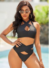 Black swimwear,Plain Color swimwear,ROTITA Cross Strap High Waist Bikini Set