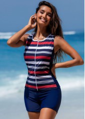 Multi Color swimwear,Striped swimwear,ROTITA Zipper Closure Striped Wide Strap Tankini Set 