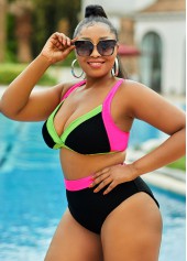 Black plus size,Contrast Color plus size,ROTITA Contrast Plus Size High Waisted Bikini Set 