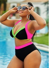 Black plus size,Contrast Color plus size,ROTITA Contrast Plus Size High Waisted Bikini Set 