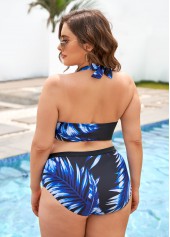 Blue plus size,Plants plus size,ROTITA Leaf Print Plus Size High Waisted Bikini Set
