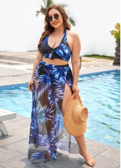 Blue plus size,Plants plus size,ROTITA Leaf Print Plus Size High Waisted Bikini Set