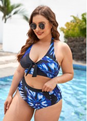 Blue plus size,Plants plus size,ROTITA Leaf Print Plus Size High Waisted Bikini Set
