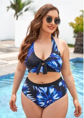 Blue plus size,Plants plus size,ROTITA Leaf Print Plus Size High Waisted Bikini Set
