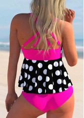 Hot Pink swimwear,Dot swimwear,ROTITA Contrast Bowknot Polka Dot Tankini Set