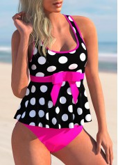 Hot Pink swimwear,Dot swimwear,ROTITA Contrast Bowknot Polka Dot Tankini Set