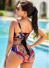 Multi Color swimwear,Tribal swimwear,ROTITA Lace Up Tribal Print Spaghetti Strap Bikini Set 