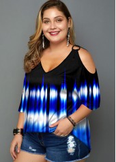 Blue plus size,Dazzle Colorful plus size,ROTITA Colorful Print Plus Size Cold Shoulder T Shirt