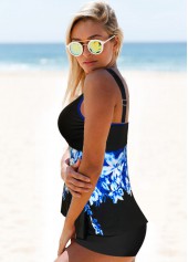 Blue swimwear,Plants swimwear,Bowknot Front Leaf Print Tankini Set 