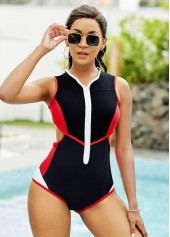 Multi Color swimwear,Contrast Color swimwear,Contrast Stitch Quarter Zip One Piece Swimwear