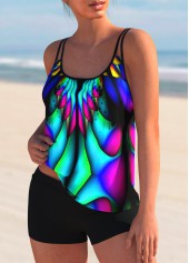 Cyan swimwear,Dazzle Colorful swimwear,ROTITA Spaghetti Strap Colorful Printed Tankini Set 