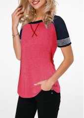 Red tops,Contrast Color tops,ROTITA Round Neck Contrast Short Sleeve T Shirt
