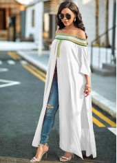 White tops,Striped tops,ROTITA High Slit Off Shoulder Striped Blouse