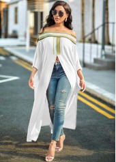 White tops,Striped tops,ROTITA High Slit Off Shoulder Striped Blouse