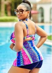 Multi Color plus size,Tribal plus size,Tie Back Tribal Print Plus Size Tankini Set 
