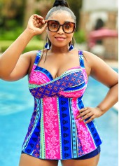 Multi Color plus size,Tribal plus size,Tie Back Tribal Print Plus Size Tankini Set 