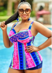 Multi Color plus size,Tribal plus size,Tie Back Tribal Print Plus Size Tankini Set 