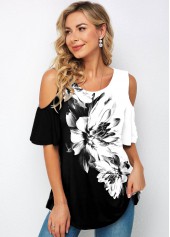 Multi Color tops,Floral tops,ROTITA Cold Shoulder Floral Print Half Sleeve T Shirt