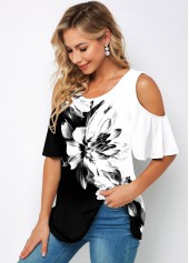 Multi Color tops,Floral tops,ROTITA Cold Shoulder Floral Print Half Sleeve T Shirt