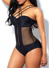 Black swimwear,Plain Color swimwear,Cross Strap Mesh Stitching Tie Back One Piece Swimwear