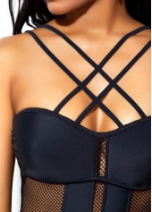 Black swimwear,Plain Color swimwear,Cross Strap Mesh Stitching Tie Back One Piece Swimwear