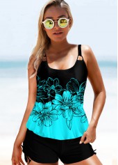 Cyan swimwear,Floral swimwear,ROTITA Spaghetti Strap Floral Print Tankini Set 