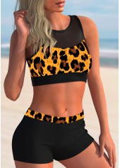 Dark Coffee swimwear,Leopard swimwear,ROTITA Leopard Mesh Stitching Mid Waist Bikini Set 