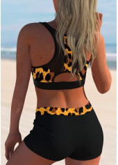 Dark Coffee swimwear,Leopard swimwear,ROTITA Leopard Mesh Stitching Mid Waist Bikini Set 