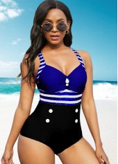 Royal Blue swimwear,Contrast Color swimwear,ROTITA Decorative Button Striped Contrast One Piece Swimwear