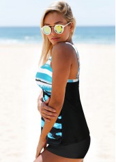 Blue swimwear,Floral swimwear,Printed Criss Cross Back Tankini Set 