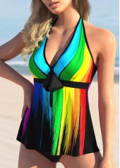 Multi Color swimwear,Rainbow Color swimwear,Dazzle Colorful swimwear,ROTITA Printed Rainbow Color Bowknot Halter Tankini Set 
