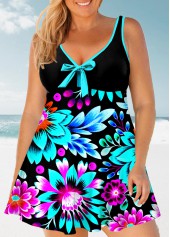 Plus Size Floral Print Bowknot Front Swimdress Set
