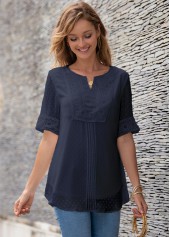 ROTITA Half Sleeve Split Neck Lace Panel Blouse