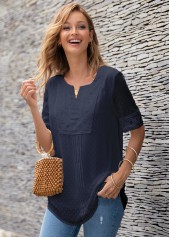 Navy tops,Plain Color tops,ROTITA Half Sleeve Split Neck Lace Panel Blouse