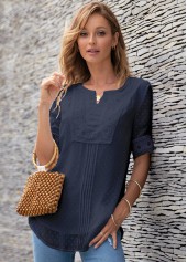 Navy tops,Plain Color tops,ROTITA Half Sleeve Split Neck Lace Panel Blouse