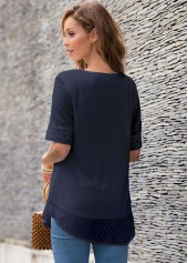 Navy tops,Plain Color tops,ROTITA Half Sleeve Split Neck Lace Panel Blouse