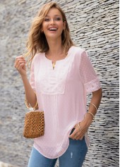 Pink tops,Plain Color tops,ROTITA Half Sleeve Split Neck Lace Panel Blouse