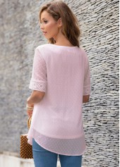 Pink tops,Plain Color tops,ROTITA Half Sleeve Split Neck Lace Panel Blouse