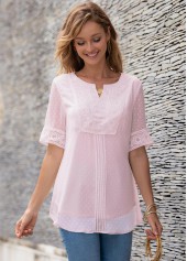 ROTITA Half Sleeve Split Neck Lace Panel Blouse