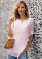 Pink tops,Plain Color tops,ROTITA Half Sleeve Split Neck Lace Panel Blouse