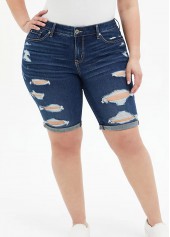 ROTITA Shredded Plus Size Acid Washed Denim Shorts