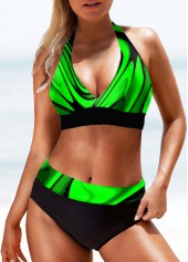 Green swimwear,Floral swimwear,ROTITA Mid Waist Printed Halter Bikini Set