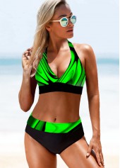 Green swimwear,Floral swimwear,ROTITA Mid Waist Printed Halter Bikini Set