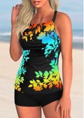 Multi Color swimwear,Plants swimwear,Spaghetti Strap Leaf Print Tankini Set