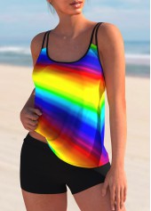 Multi Color swimwear,Floral swimwear,ROTITA Spaghetti Strap Rainbow Color Printed Tankini Set