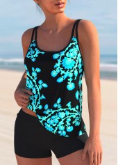 Cyan swimwear,Floral swimwear,ROTITA Floral Print Spaghetti Strap Tankini Set