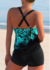 Cyan swimwear,Floral swimwear,ROTITA Cross Strap Floral Print Tankini Set