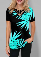 ROTITA Cross Strap Leaf Print Short Sleeve T Shirt