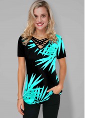 Cyan tops,Plants tops,ROTITA Cross Strap Leaf Print Short Sleeve T Shirt