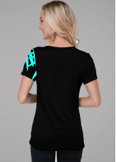 Cyan tops,Plants tops,ROTITA Cross Strap Leaf Print Short Sleeve T Shirt